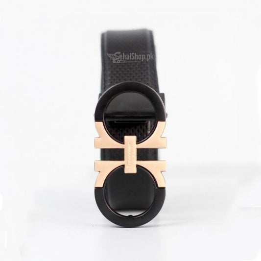 Plain Black Leather Belt With Black And Golden Buckle